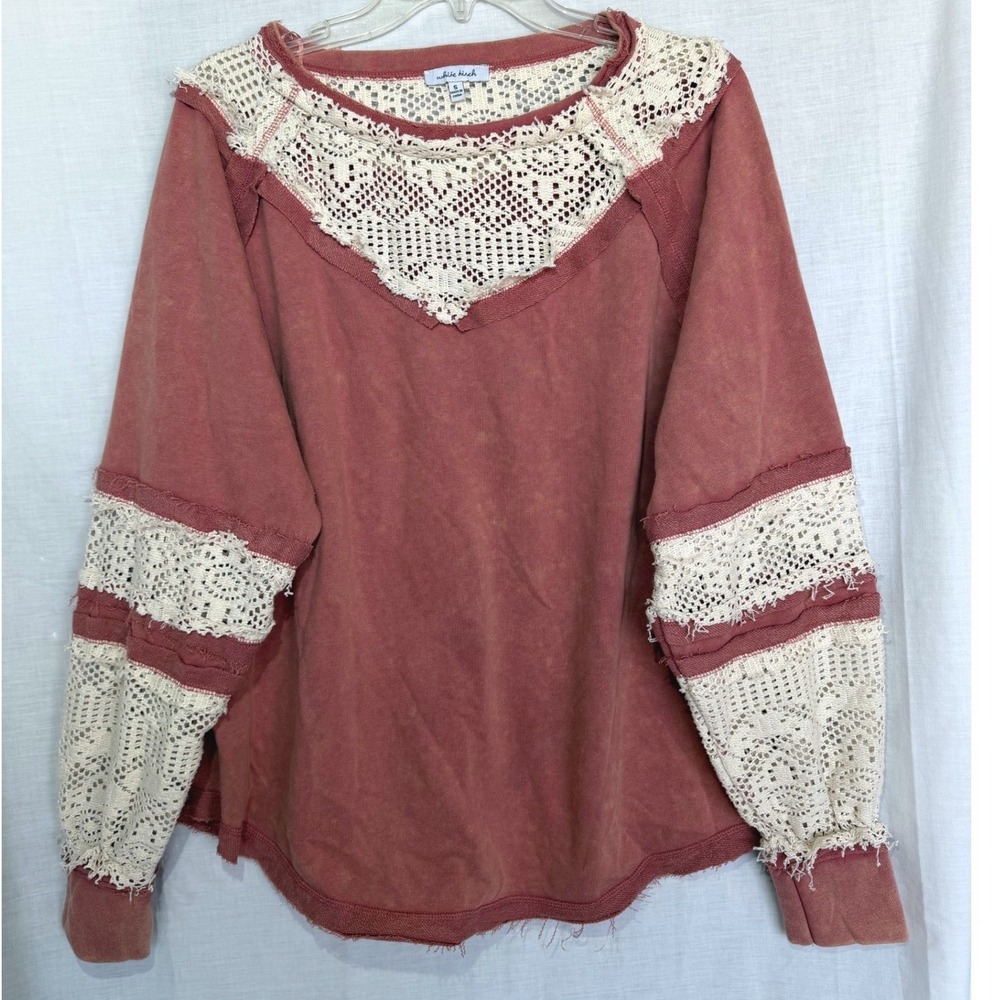 White Birch Crochet Lace Mauve Pink Cottagecore Boho Distressed Oversized Small